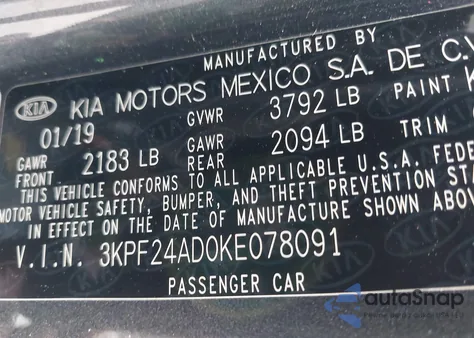 2019 Kia Forte Lxs from USA, damaged, VIN 3KPF24AD0KE078091